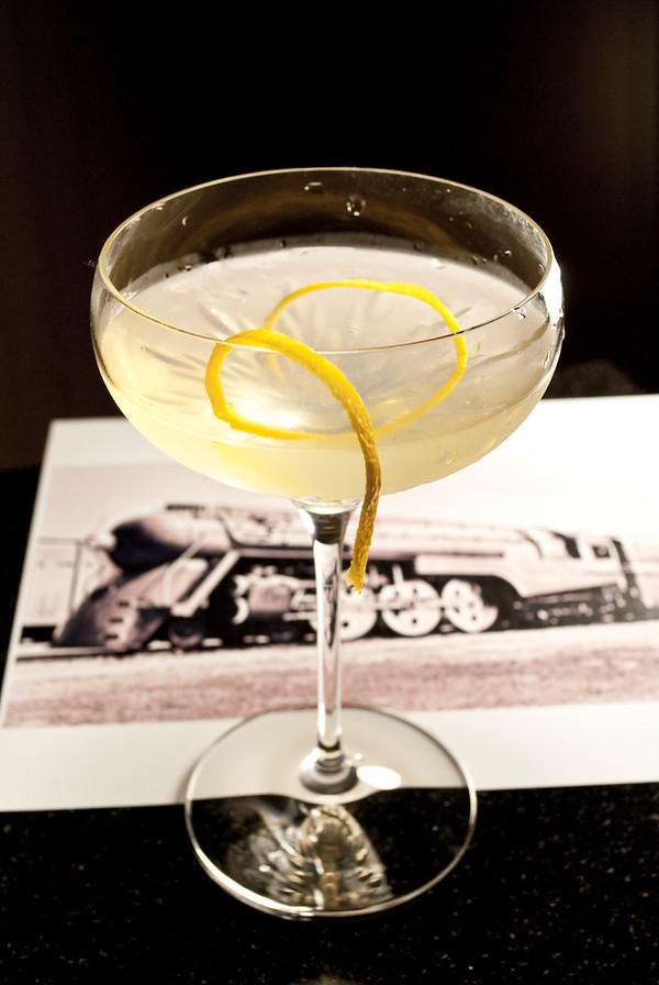 Twentieth Century Cocktail, with a photo of the Dreyfuss Hudson Locomotive. Cocktail photo © 2010 Douglas M. Ford. All rights reserved.